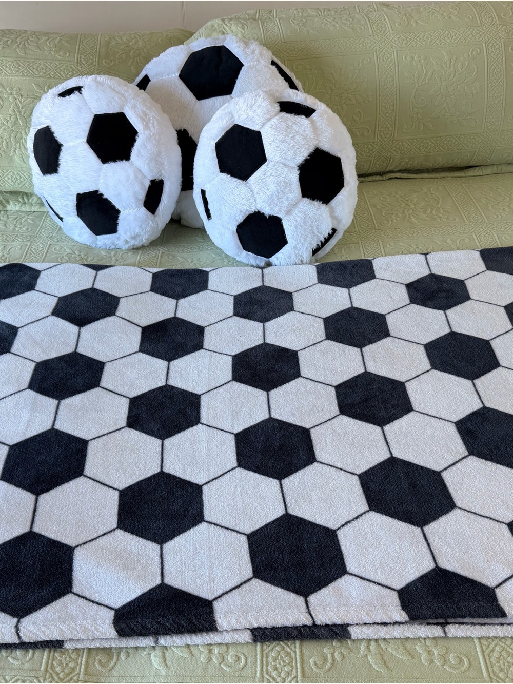 Black & White Soccer Pattern Throw Pillows and blanket